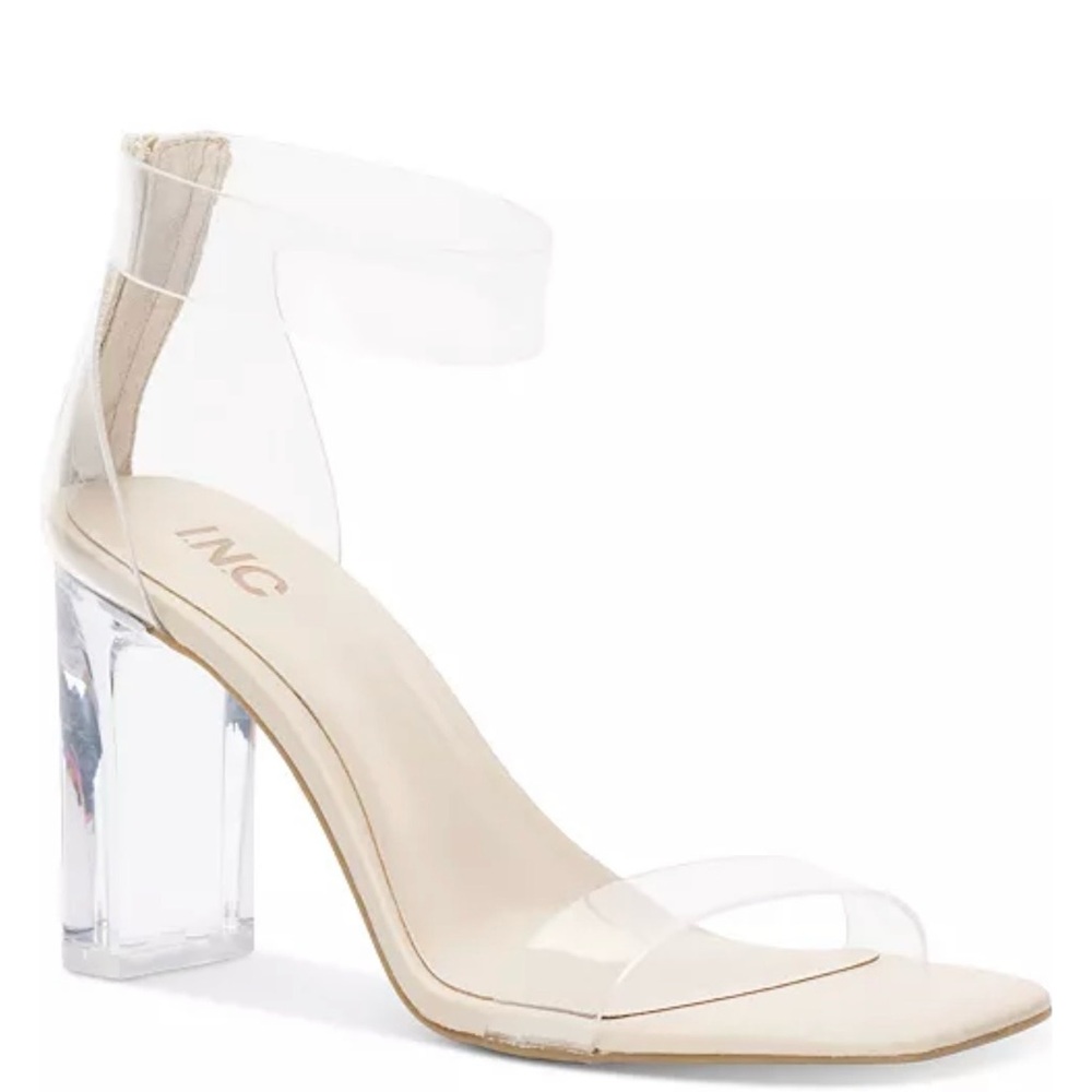 New INC Nude Footbed Clear Strap Block Heel Sandal Sz 11 M